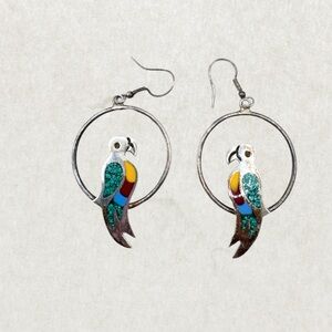 Vintage Mexico Sterling Silver Parrot Hoop Earrings – Excellent Condition